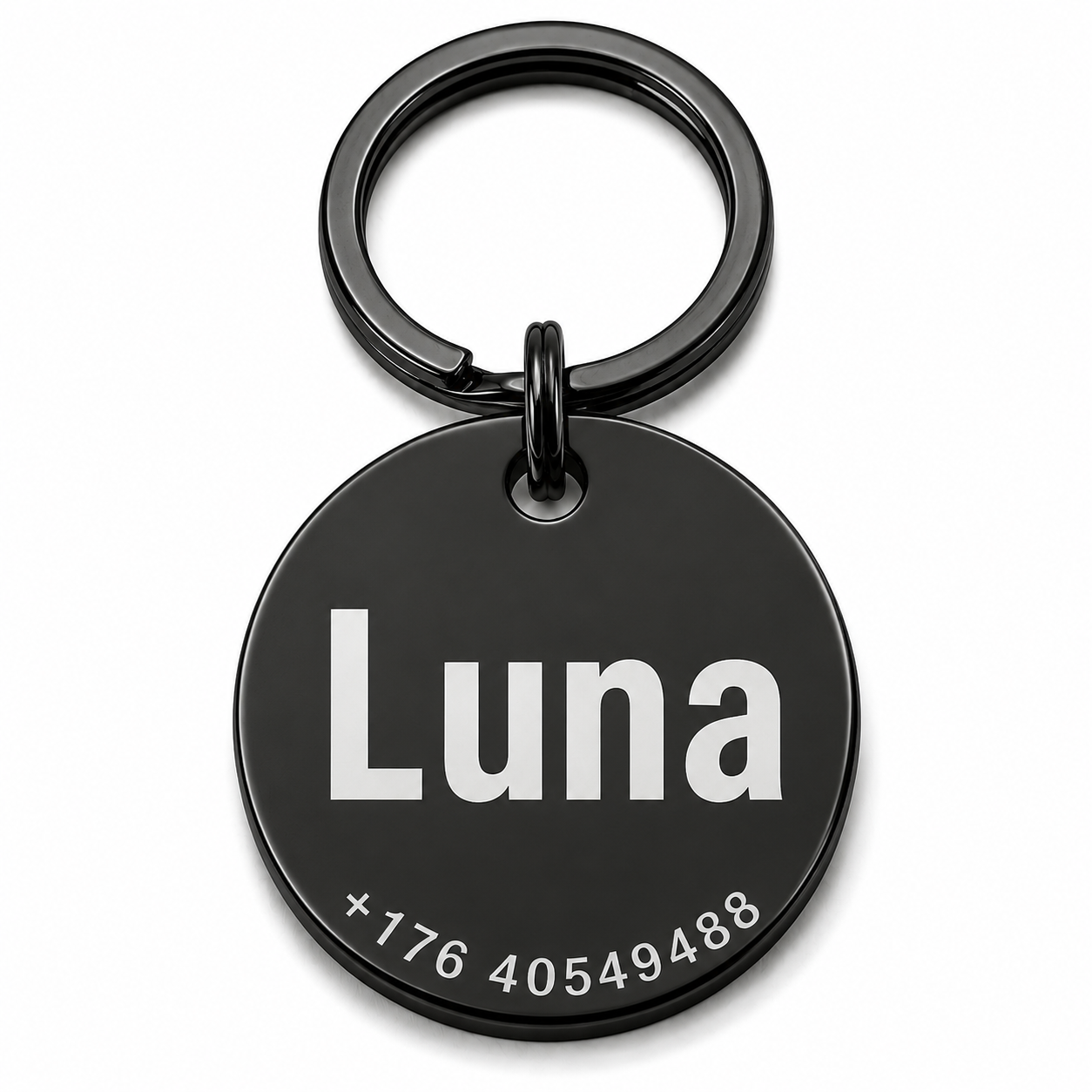 Personalisierte Hundemarke mit Gravur aus Edelstahl Rund – Name und Telefonnummer