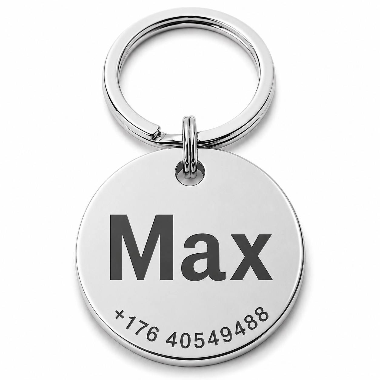 Personalisierte Hundemarke mit Gravur aus Edelstahl Rund – Name und Telefonnummer