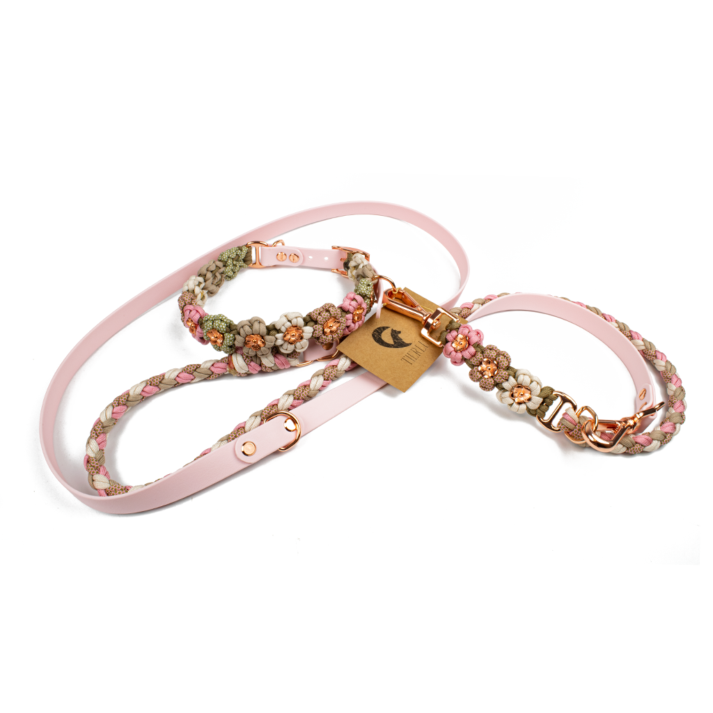 Elegantes Hundehalsband- und Leinen-Set aus Biothane und Paracord in Rosa, Beige und Olive mit filigranen Blumenmustern und roségoldenen Beschlägen. Das handgefertigte Set trägt ein "Tierluxe"-Etikett und besticht durch hochwertige Verarbeitung.