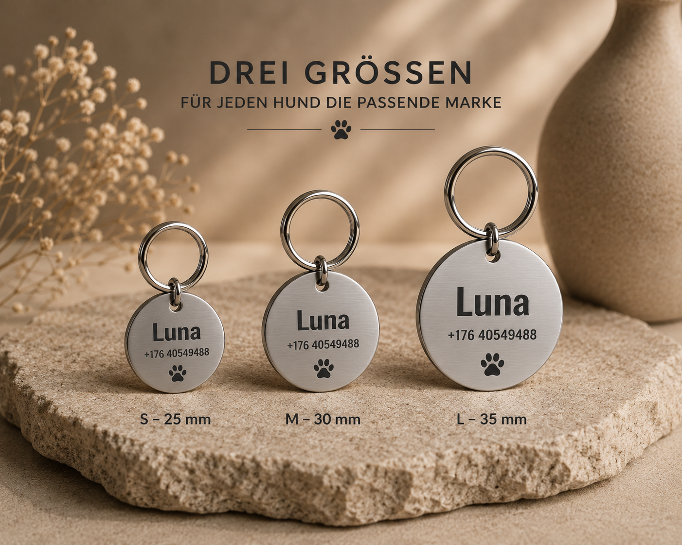 Personalisierte Hundemarke mit Gravur aus Edelstahl Rund – Name und Telefonnummer