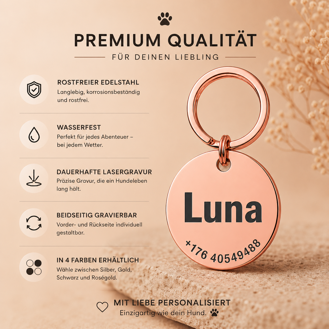 Personalisierte Hundemarke mit Gravur aus Edelstahl Rund – Name und Telefonnummer