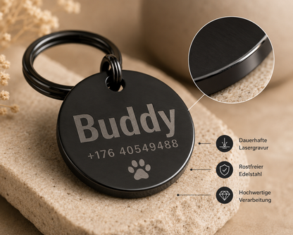 Personalisierte Hundemarke mit Gravur aus Edelstahl Rund – Name und Telefonnummer