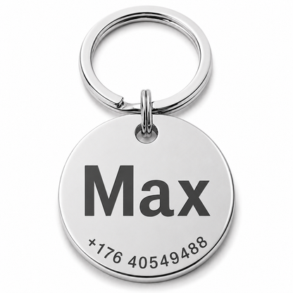 Personalisierte Hundemarke mit Gravur aus Edelstahl Rund – Name und Telefonnummer